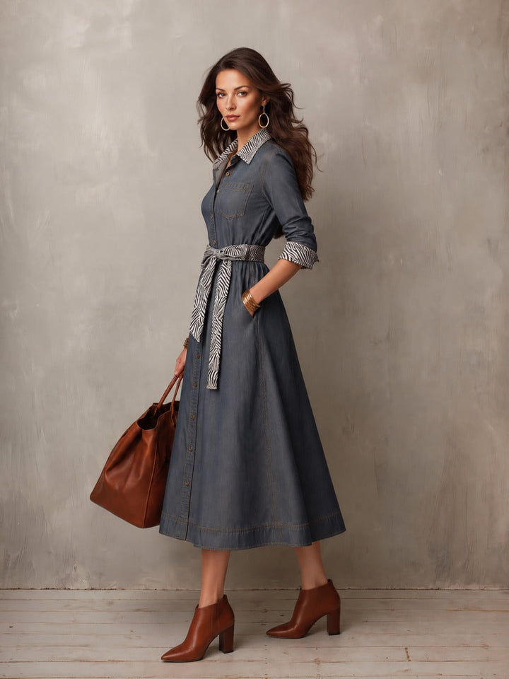Zebra-Collared Denim Shirt Dress for Women with Belt