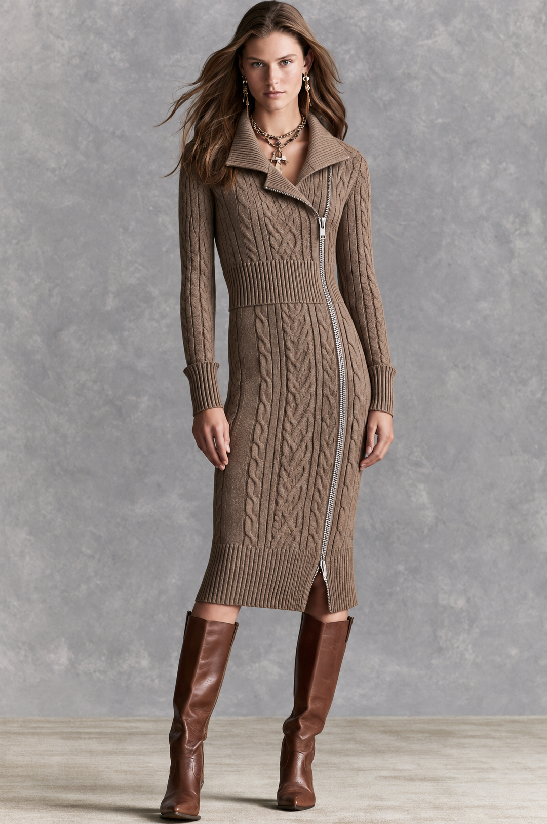 Vintage-Inspired Asymmetrical Blouse with Diagonal Zip and Midi Dress