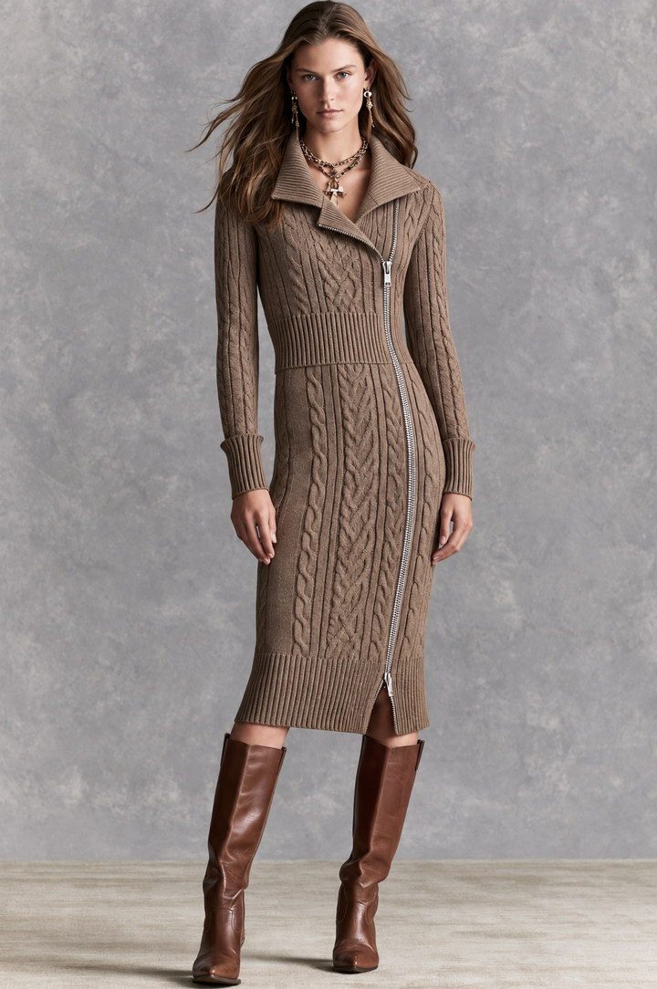 Vintage-Inspired Asymmetrical Blouse with Diagonal Zip and Midi Dress