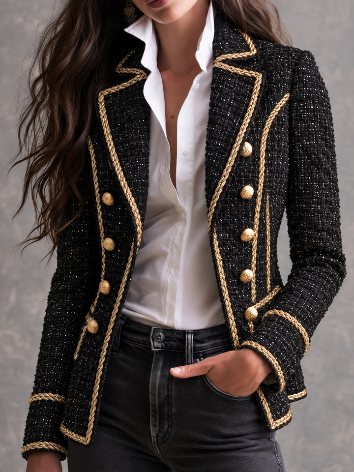Classic Black Tweed Coat with Gold Accents and Double-Breasted Style
