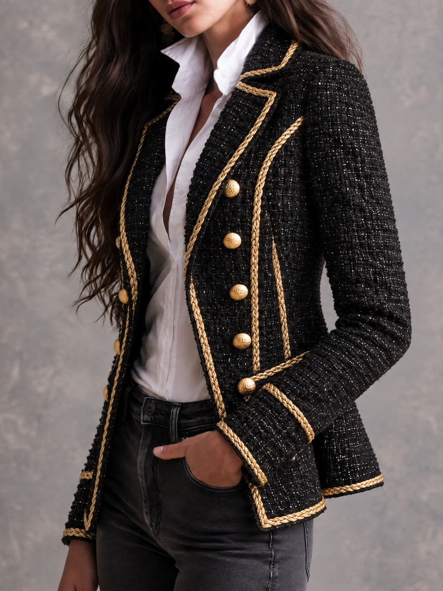 Classic Black Tweed Coat with Gold Accents and Double-Breasted Style