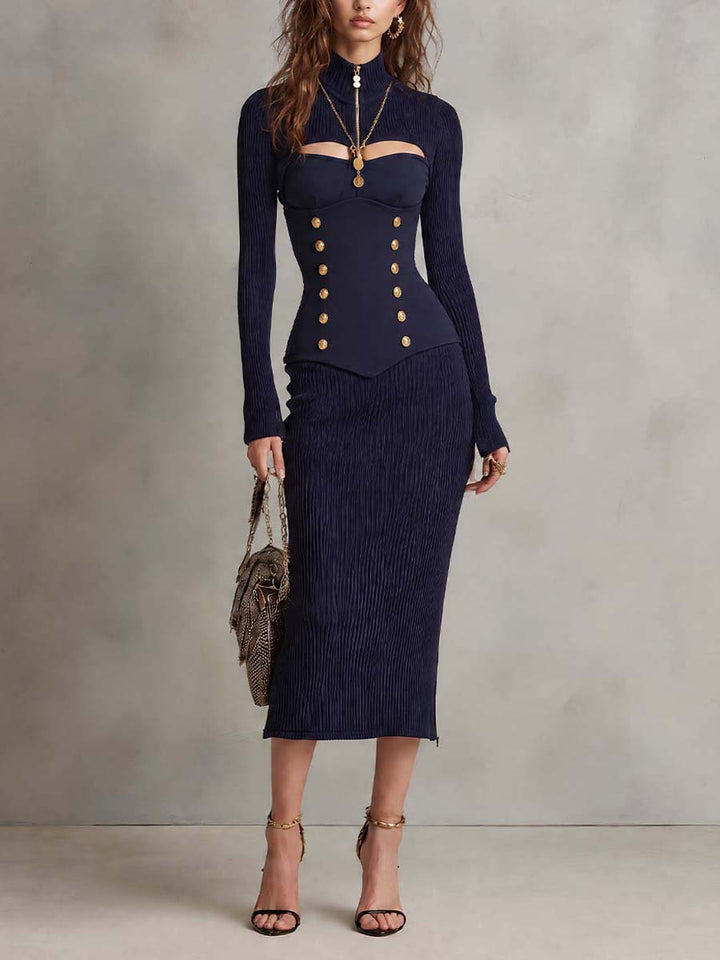 Chic Midi Dress Featuring Cut-Outs and Ribbed Texture, Accented with Gold Buttons