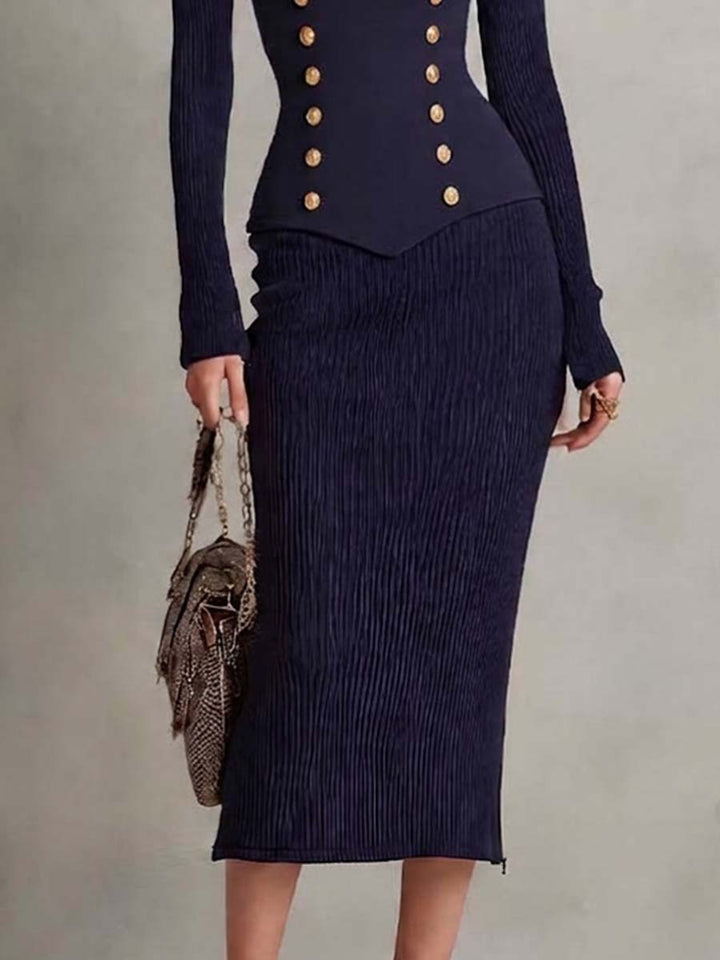 Chic Midi Dress Featuring Cut-Outs and Ribbed Texture, Accented with Gold Buttons