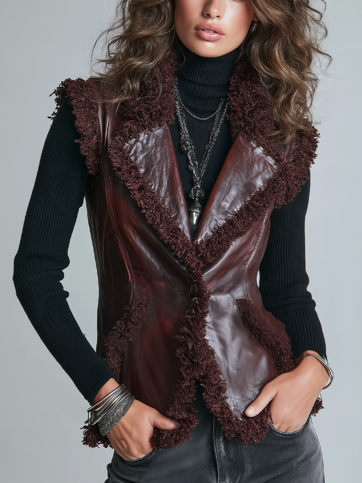 Retro Burgundy Gilet with Faux Leather and Fur Accents
