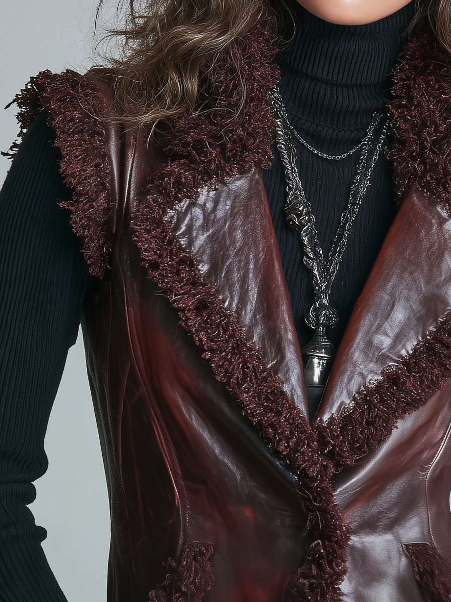 Retro Burgundy Gilet with Faux Leather and Fur Accents