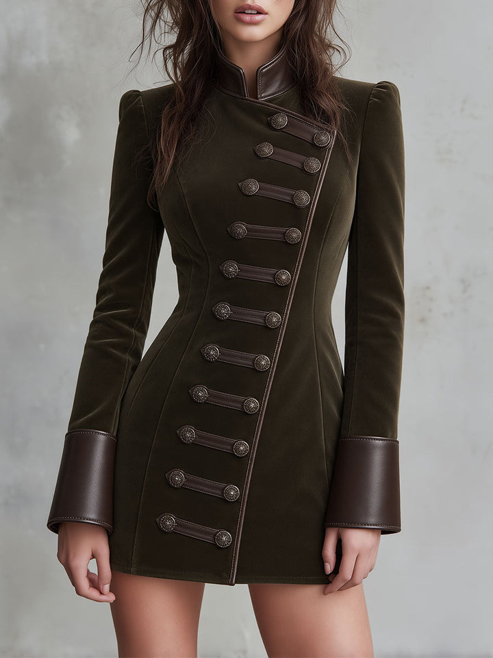 Compact Military-Inspired Dress with Stylish Faux Leather Accents