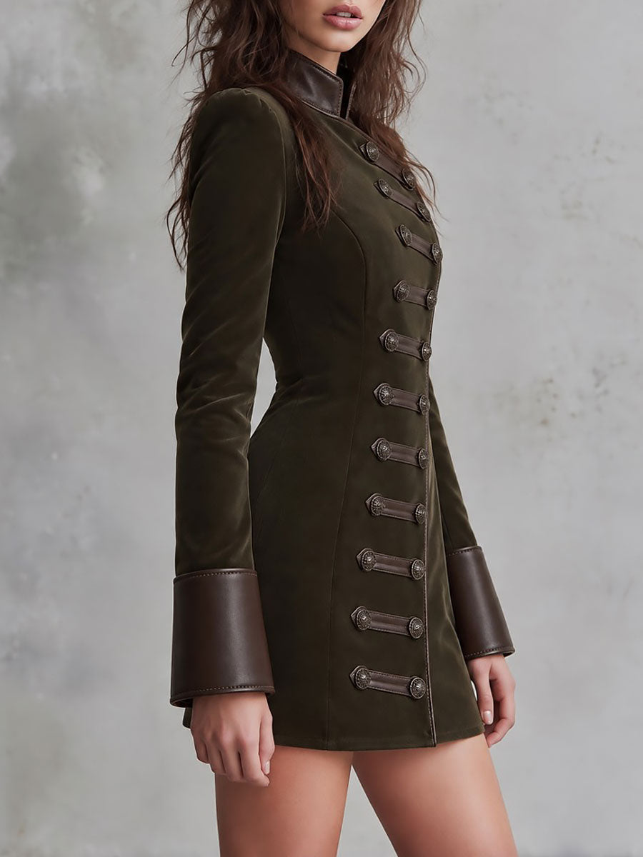 Compact Military-Inspired Dress with Stylish Faux Leather Accents