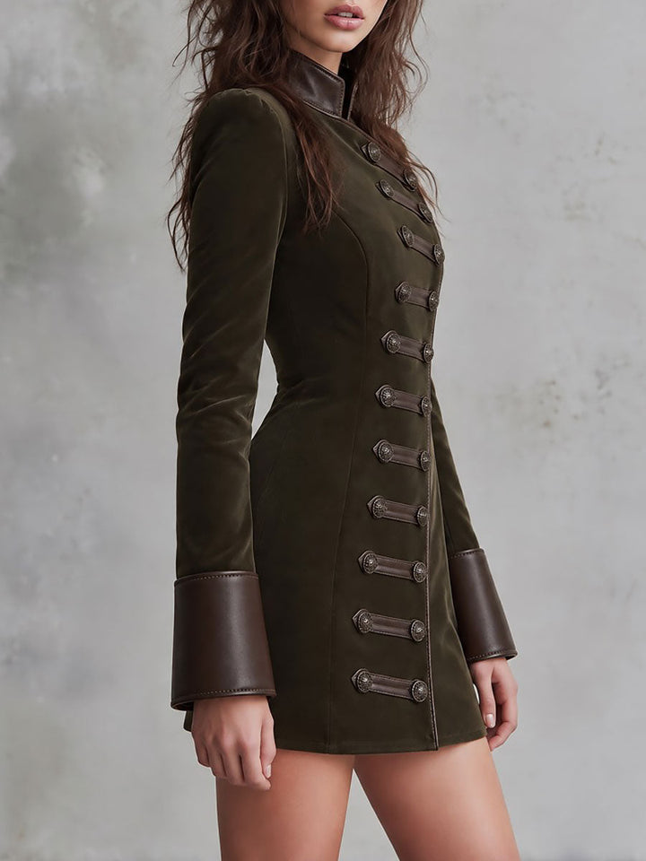 Compact Military-Inspired Dress with Stylish Faux Leather Accents