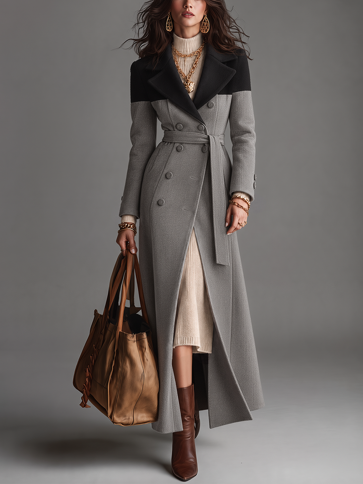 Elegant Grey Long Double-Breasted Coat