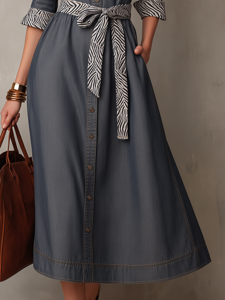 Zebra-Collared Denim Shirt Dress for Women with Belt
