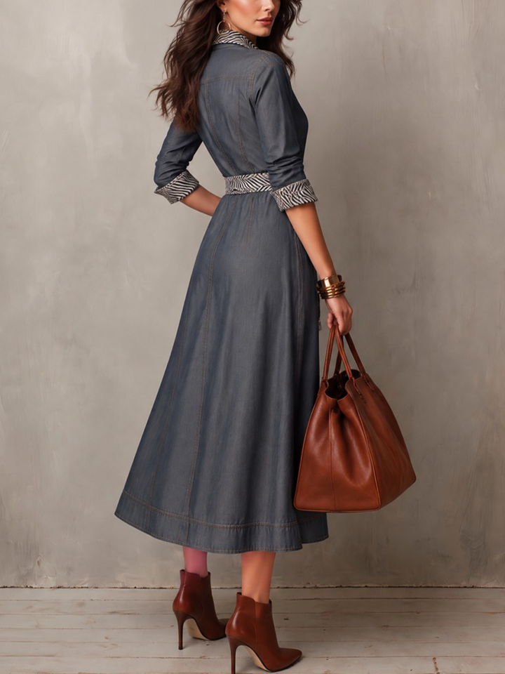 Zebra-Collared Denim Shirt Dress for Women with Belt
