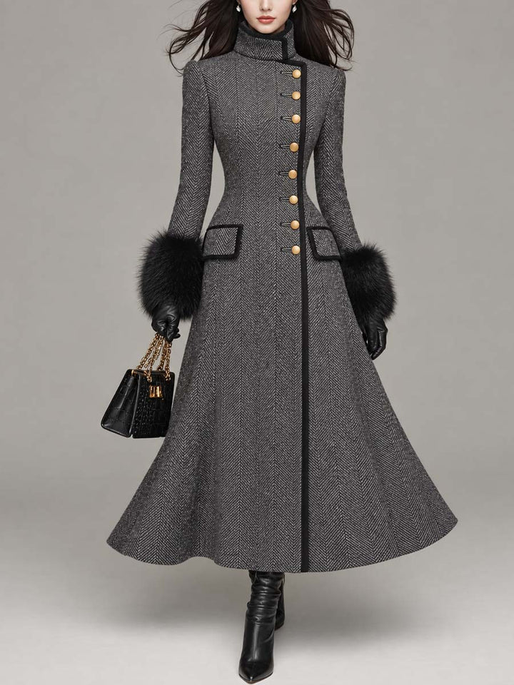 Classic Houndstooth Wool Blend Long Coat in Vintage Style