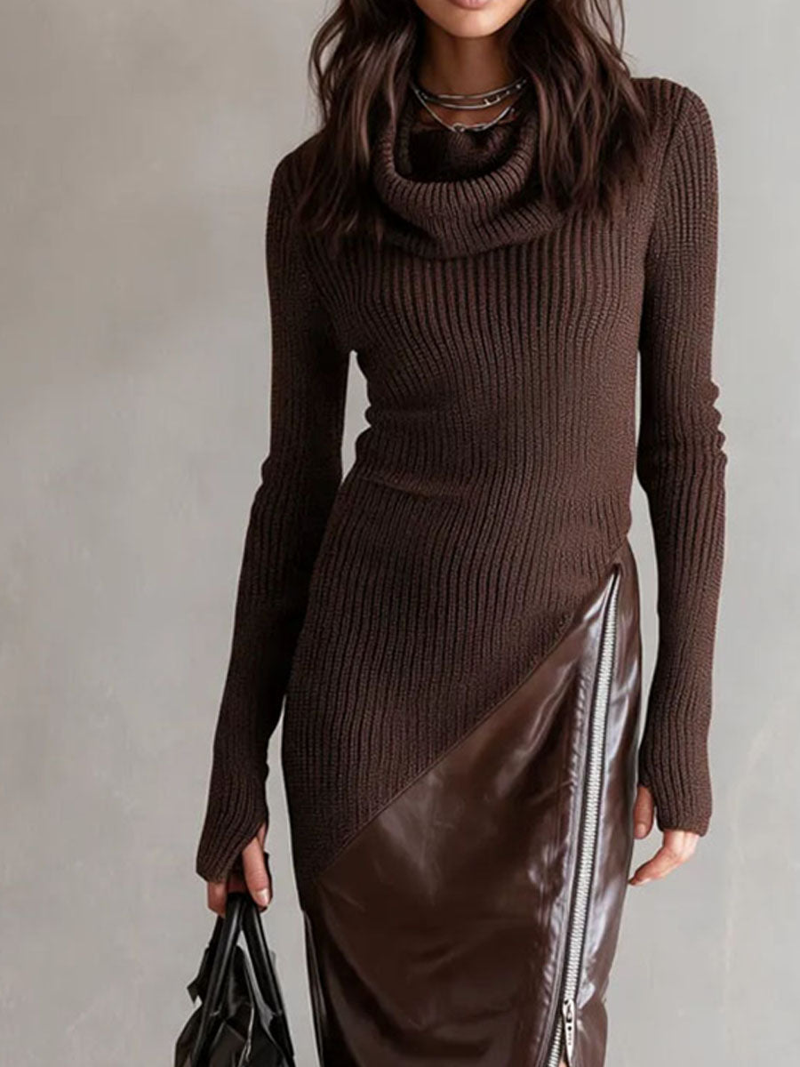 Elegant Midi Dress with Side Zip and Slit - Blended Rib Knit & PU Leather