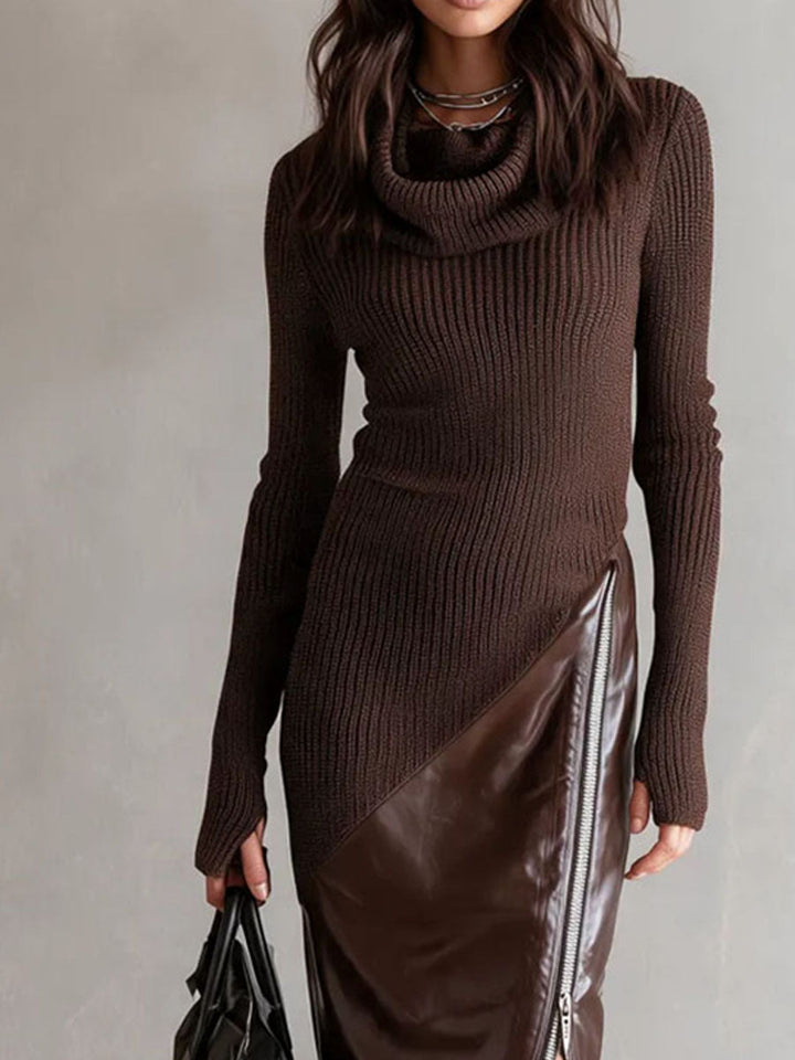 Elegant Midi Dress with Side Zip and Slit - Blended Rib Knit & PU Leather