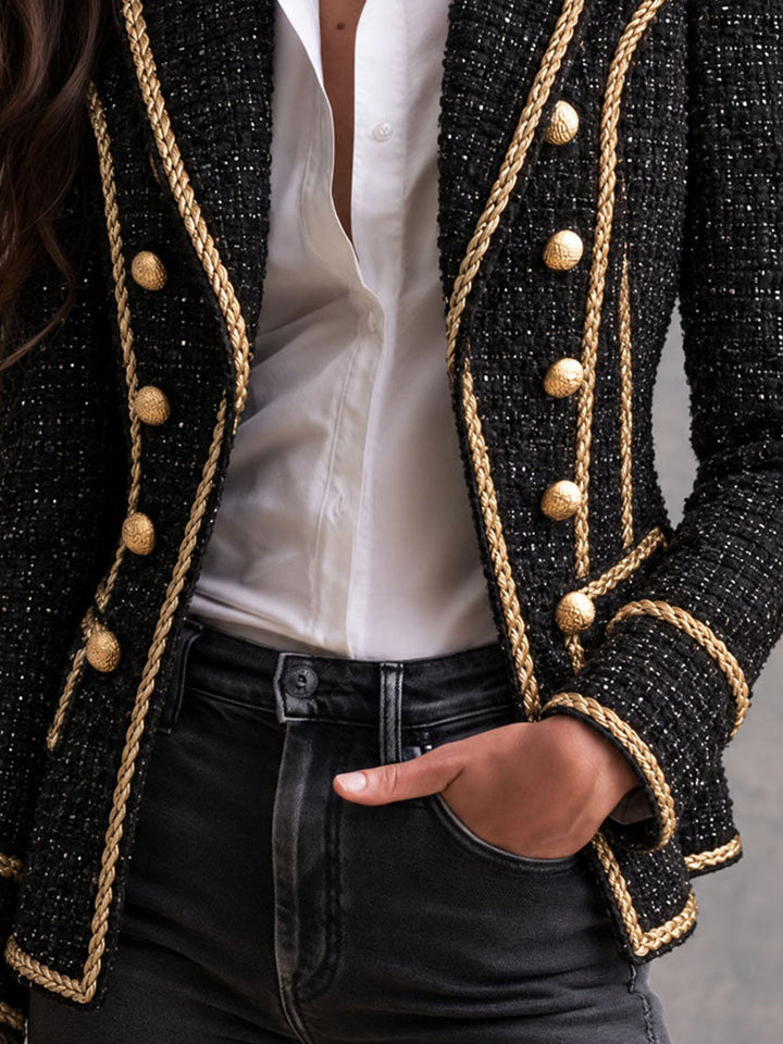Classic Black Tweed Coat with Gold Accents and Double-Breasted Style