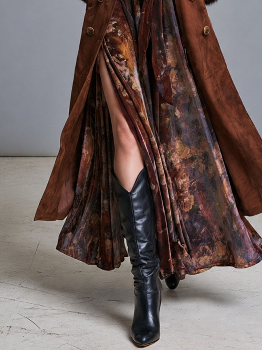 Bohemian Western Suede Coat Featuring Fur and Double Button Closure