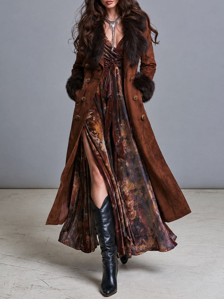 Bohemian Western Suede Coat Featuring Fur and Double Button Closure