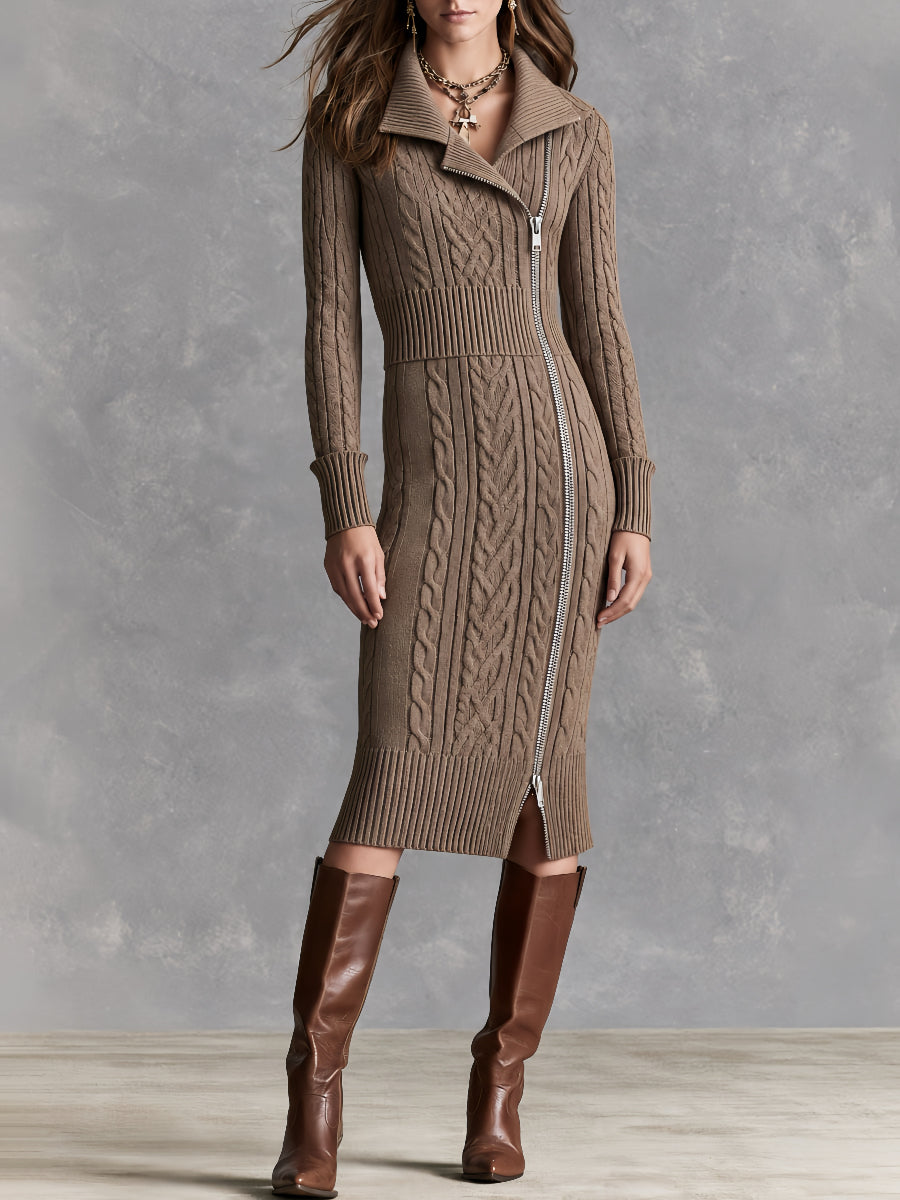 Vintage-Inspired Asymmetrical Blouse with Diagonal Zip and Midi Dress