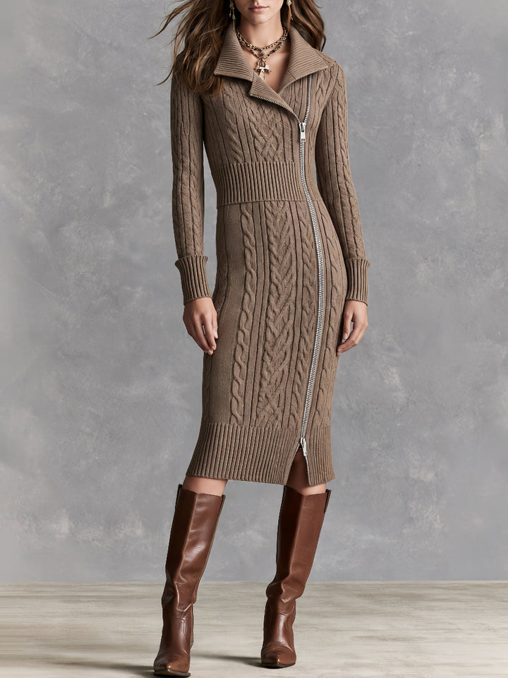 Vintage-Inspired Asymmetrical Blouse with Diagonal Zip and Midi Dress