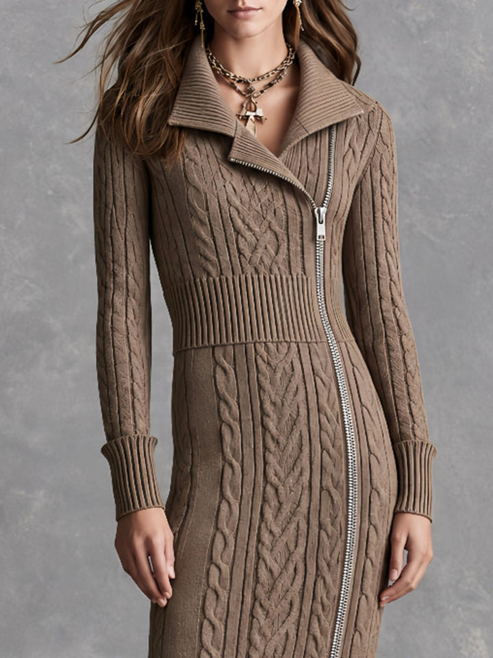 Vintage-Inspired Asymmetrical Blouse with Diagonal Zip and Midi Dress