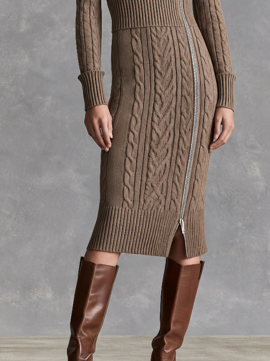 Vintage-Inspired Asymmetrical Blouse with Diagonal Zip and Midi Dress