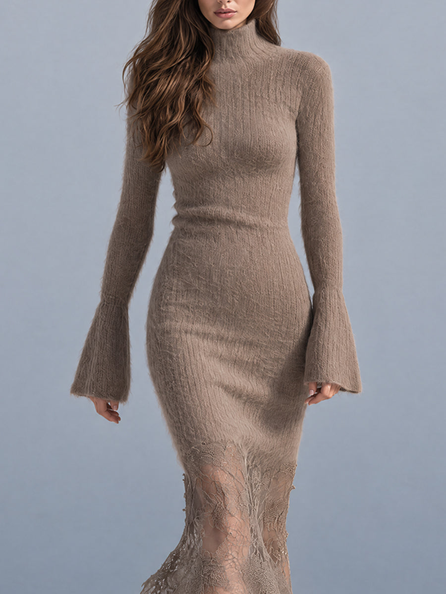 Tan Lace-Trimmed Bohemian Midi Dress