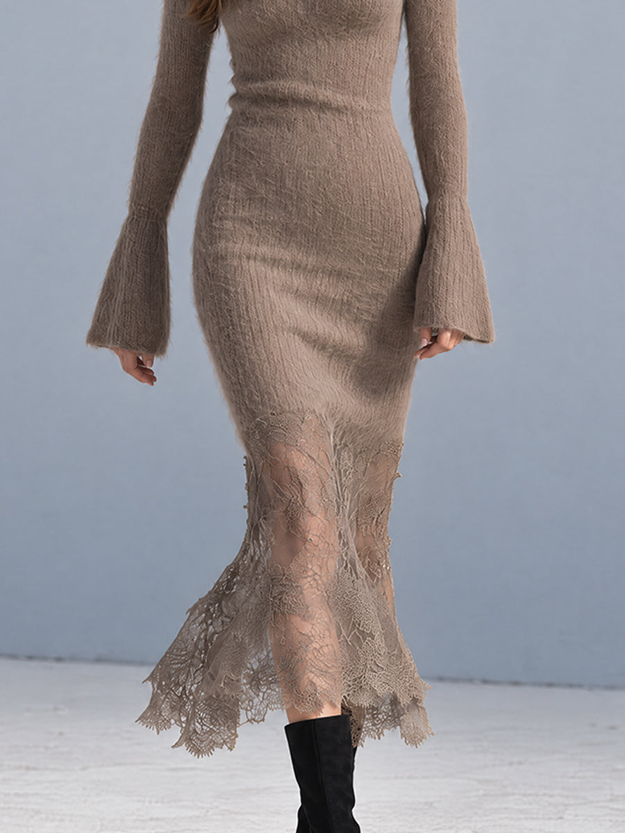 Tan Lace-Trimmed Bohemian Midi Dress