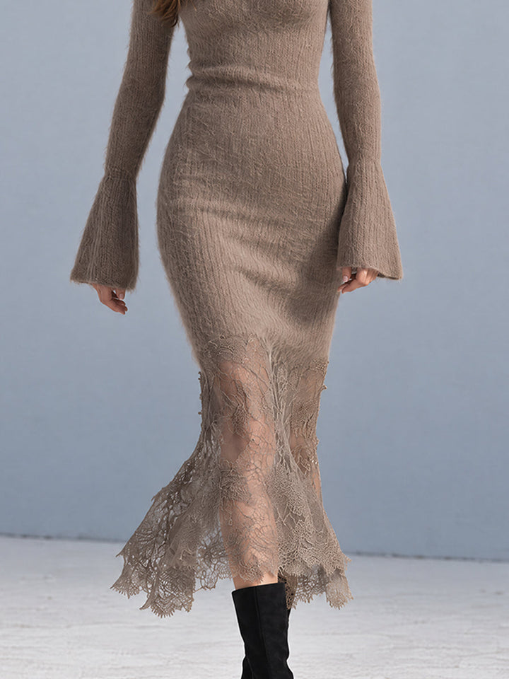 Tan Lace-Trimmed Bohemian Midi Dress