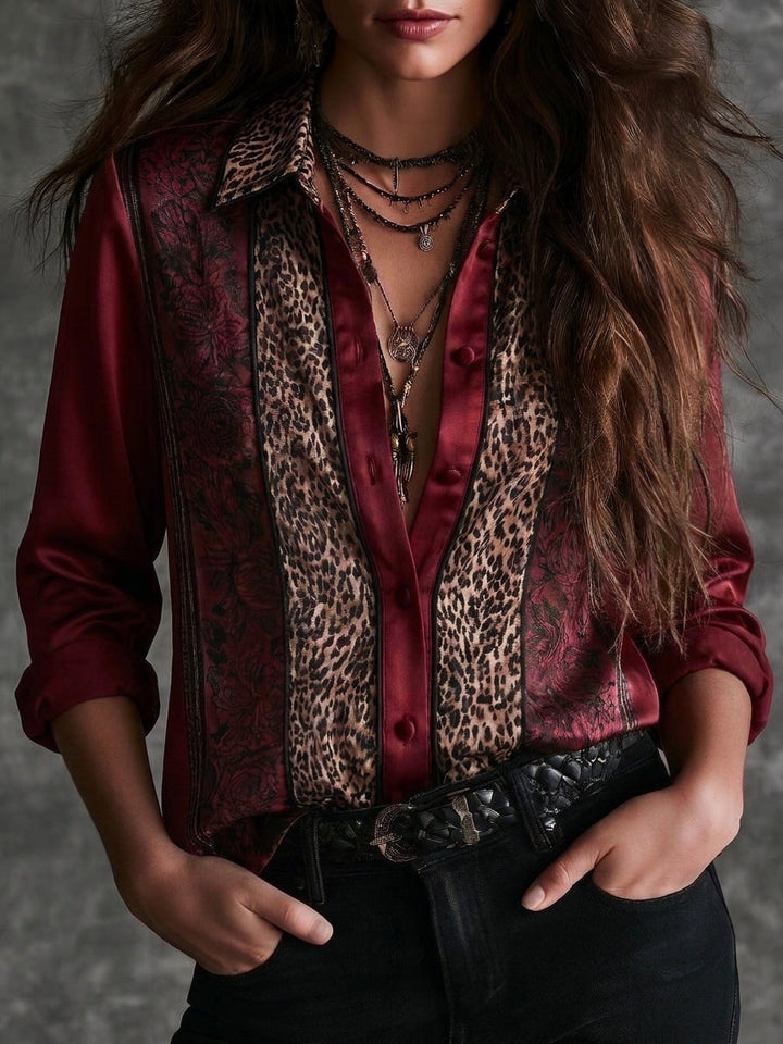 Burgundy Vintage Blouse featuring Satin Leopard and Black Rose Print