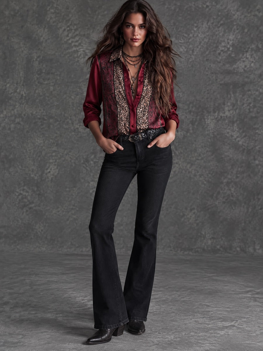 Burgundy Vintage Blouse featuring Satin Leopard and Black Rose Print