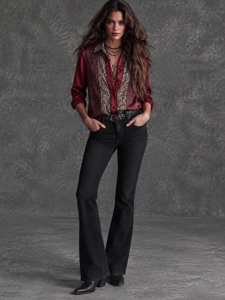 Burgundy Vintage Blouse featuring Satin Leopard and Black Rose Print