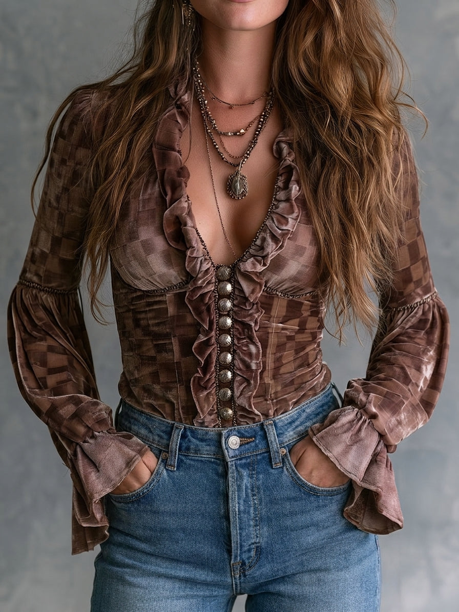 Bohemian Brown Check Satin Shirt with Metallic Accents