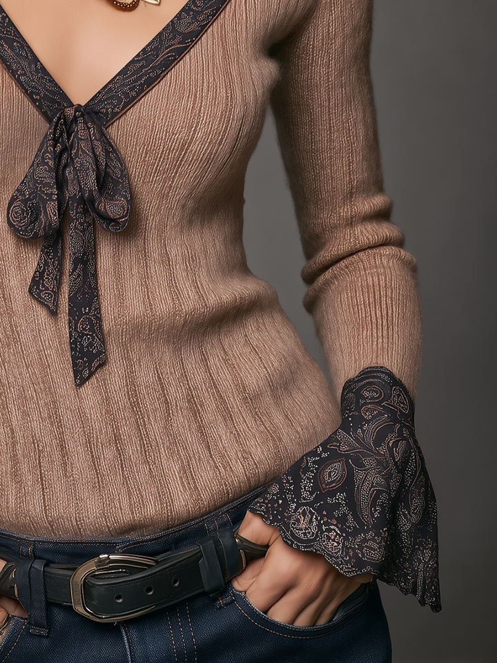 Chic Tan Knit Top with Stylish Decorative Cord