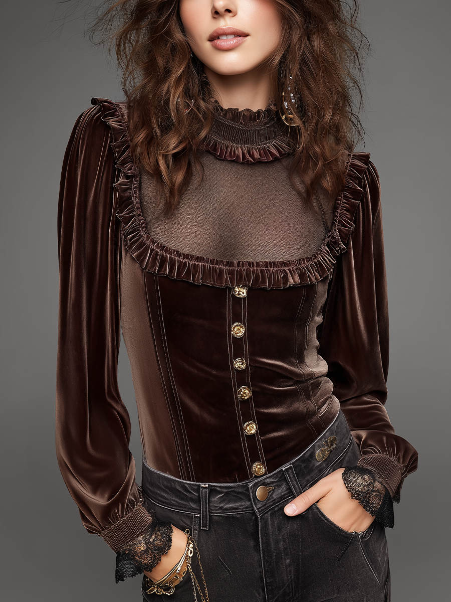 Retro Striped Chocolate Velvet Blouse
