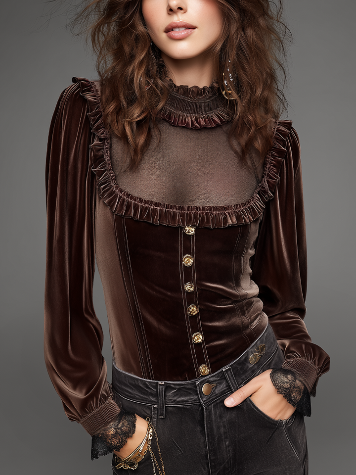 Retro Striped Chocolate Velvet Blouse