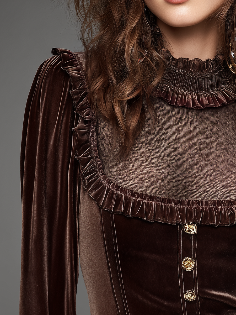 Retro Striped Chocolate Velvet Blouse