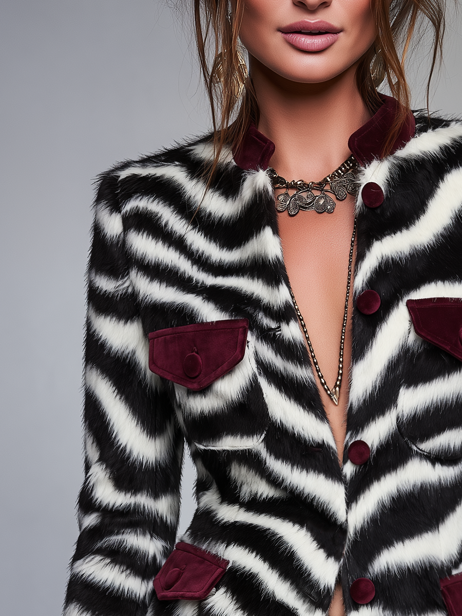 Black and White Zebra Print Faux Fur Jacket