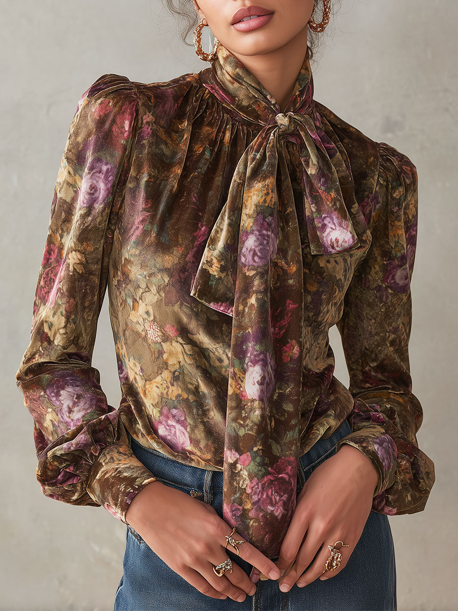 Floral Print Velvet Blouse with Neck Tie - Subtle Elegance