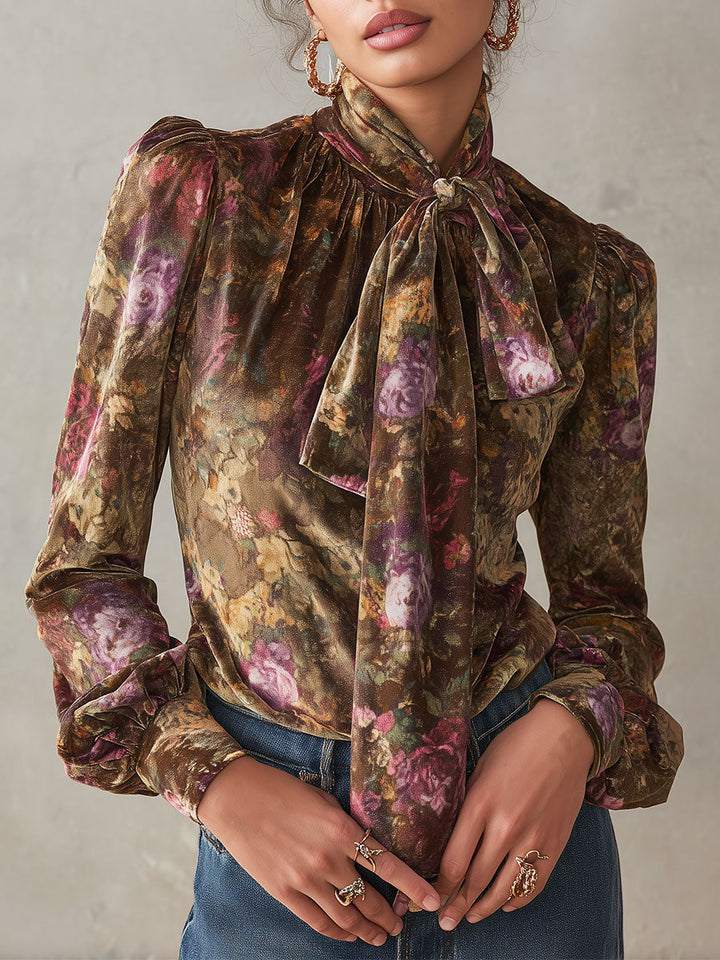 Floral Print Velvet Blouse with Neck Tie - Subtle Elegance