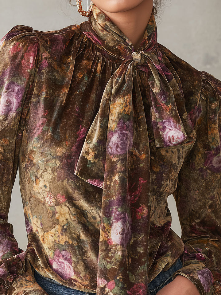 Floral Print Velvet Blouse with Neck Tie - Subtle Elegance
