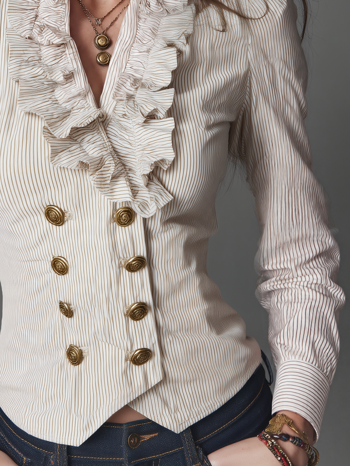 Charming Striped Blouse with Elegant Decorative Stitching