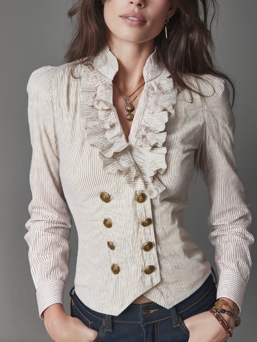 Charming Striped Blouse with Elegant Decorative Stitching