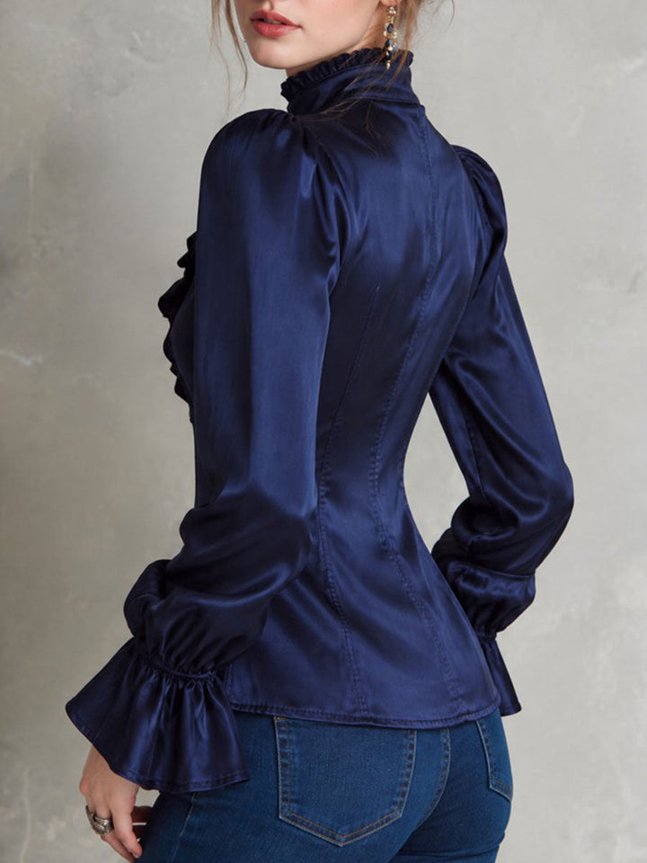 Elegant Blue Satin Blouse with Seamed Details and Bell Sleeves - Subtle Luxury