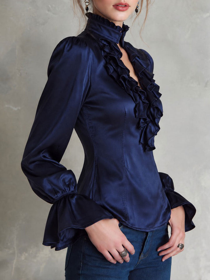 Elegant Blue Satin Blouse with Seamed Details and Bell Sleeves - Subtle Luxury