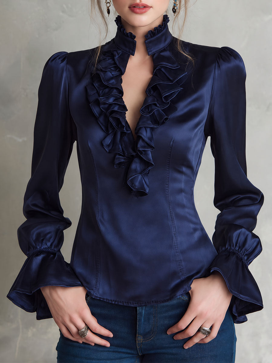 Elegant Blue Satin Blouse with Seamed Details and Bell Sleeves - Subtle Luxury