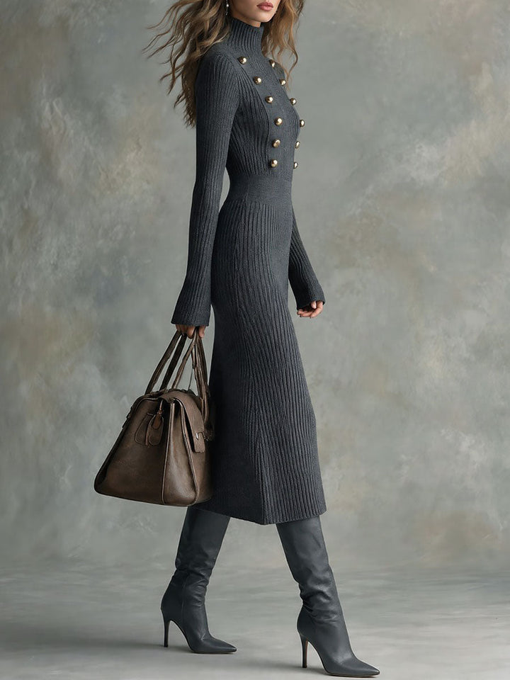 Napoleon-Inspired Midi Knitted Rib Dress with Gold Buttons