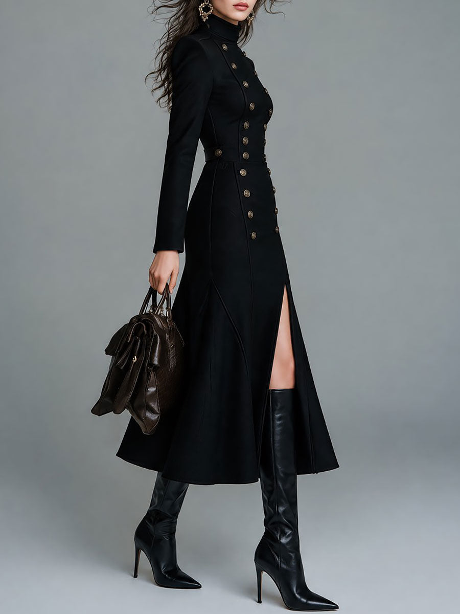 Double-Breasted Maxi Dress with Military-Inspired Slit