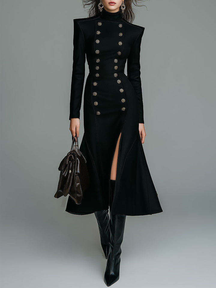 Double-Breasted Maxi Dress with Military-Inspired Slit