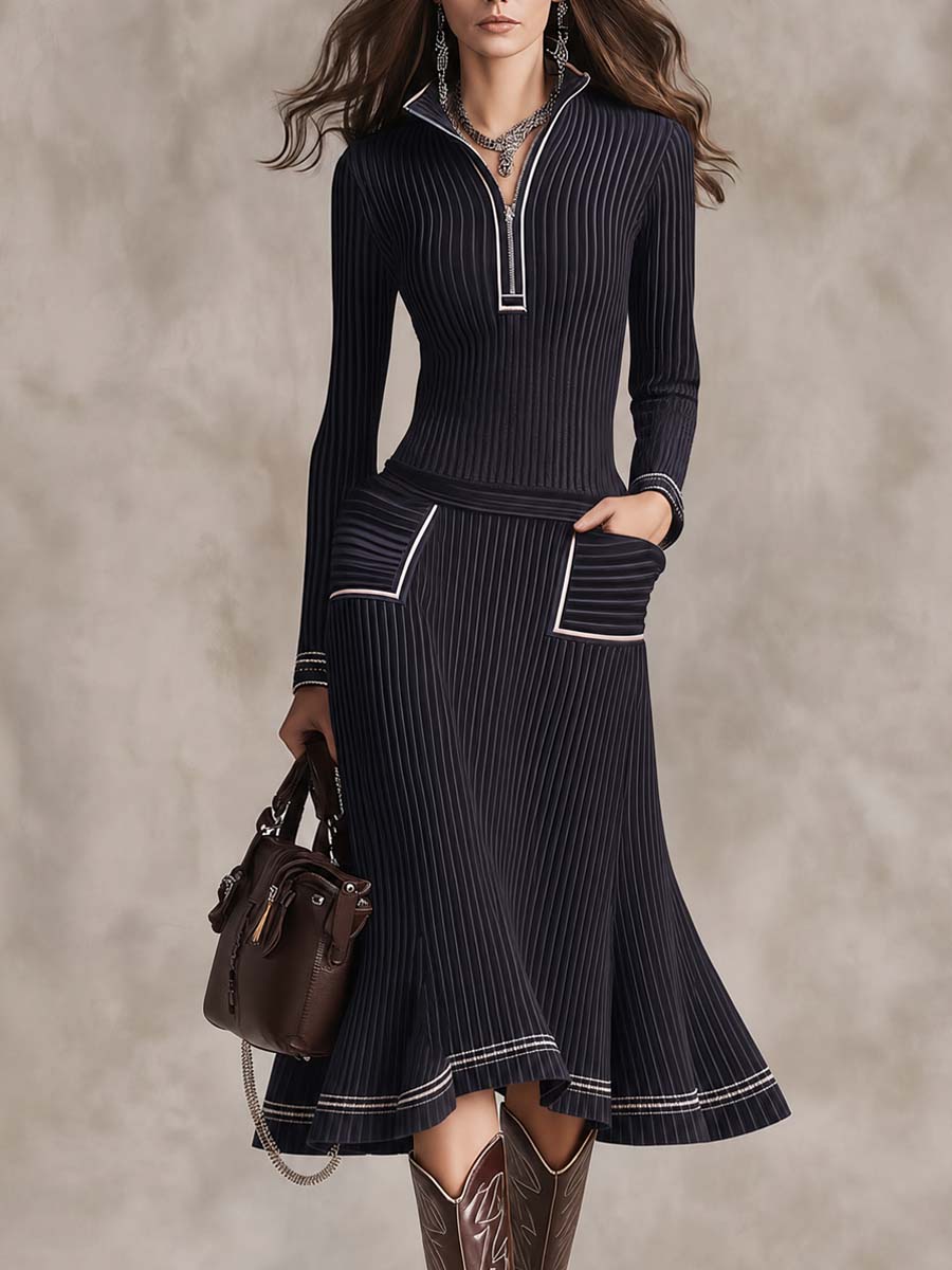 Half-Zip Midi Dress with Contrast Ribbed Knit Pockets