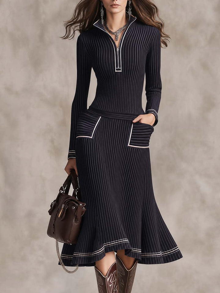 Half-Zip Midi Dress with Contrast Ribbed Knit Pockets